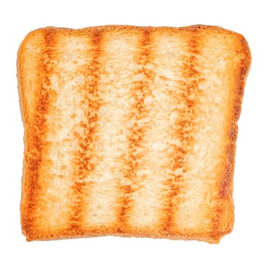 A single grilled toast slice isolated on a white background, displaying a golden crispy texture and visible grill marks. The clean top-view composition highlights the toasted surface, crunchy crust, and warm color tones
