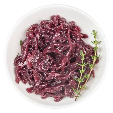 Caramelized red onion served in a white bowl with a sprig of fresh thyme. The glossy, tender slices have a rich color and soft texture, making the dish suitable