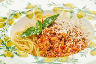 Zengin et soslu, taze fesleğenli ve İtalyan usulü rendelenmiş peynirli klasik spagetti bolonezi.