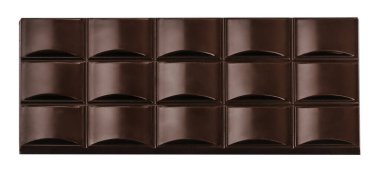 Beyaz arka planda izole edilmiş, ambalaj tasarımı, reklam ve gıda kavramları için uygun pürüzsüz yüzeyli siyah çikolata çubuğu.