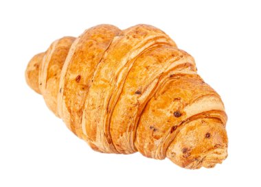 Hafif arka planda izole edilmiş altın pullu kruvasan kahvaltı menüsü, ambalaj veya yemek reklamları için mükemmel Fransız pastanesi hamur işi.