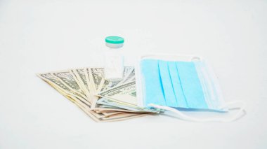 Coronavirus 'a karşı tıbbi aşı yakın plan, Covid-19, aşı, iğne, şırınga, tıbbi maske