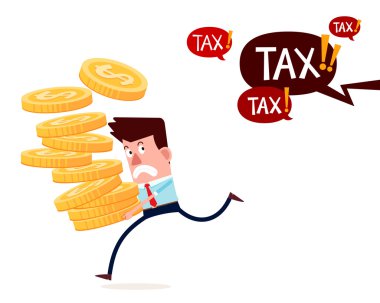 young successful businessman carry stack of gold coins running away from paying taxes clipart