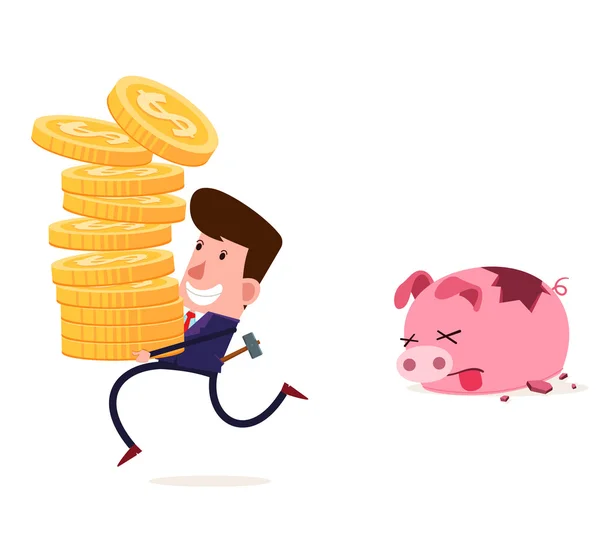 Young businessman breaking his piggy bank — Stock Vector