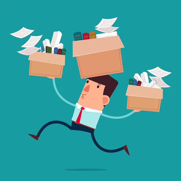 Young businessman carry boxes with his work moving to new office — Stock Vector