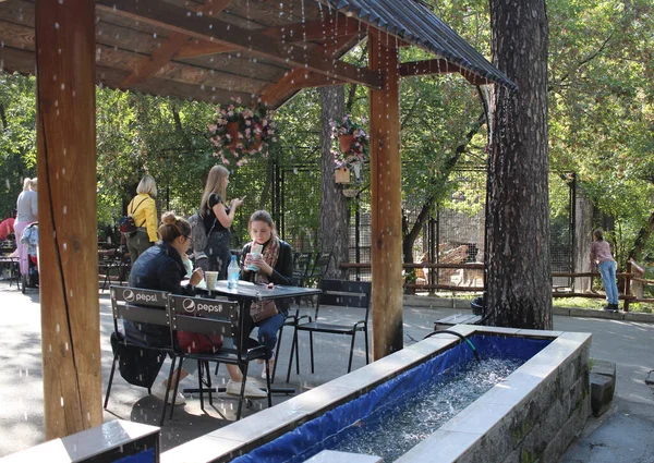 Rusya, Novosibirsk, 12.09.2020: kızlar bir yazlık kafede bir masaya oturur, sokakta öğle yemeği yer, kahve içerler.