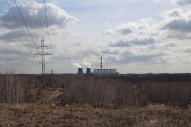 CHP soğutma kulelerinde yüksek voltajlı kablolar için yüksek demir elektrik kabloları olan ormandaki tepeler