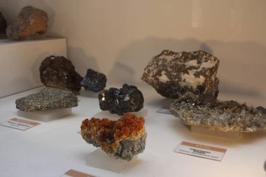 Rusya, Novosibirsk, 14.11.2020: jeoloji endüstrisi için sergilenen mineral taşı örnekleri