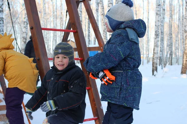 Russia Novosibirsk 2019 Funny Children Boy Park Winter Play Playground — Stock Fotó