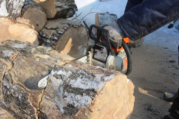 man man saws wood with electric saw harvesting firewood in winter