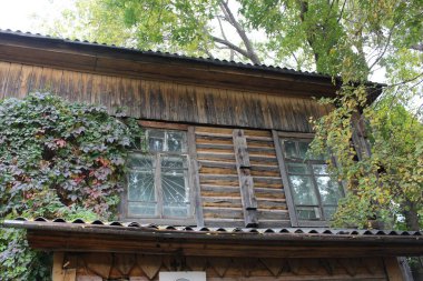 Bahçesinde sarmaşıklar olan ön cephe bitkilerinin camları olan eski ahşap bir ev.