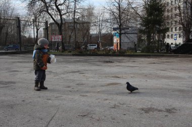 Rusya, Novosibirsk 27.10.2020: küçük bir çocuk parkta yürüyüş için bir kuş güvercini besliyor