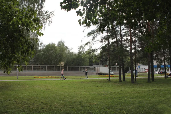 俄罗斯 Novosibirsk 2020年8月15日 女孩们在公园的大街上散步 草坪上的夏天绿树成荫 — 图库照片