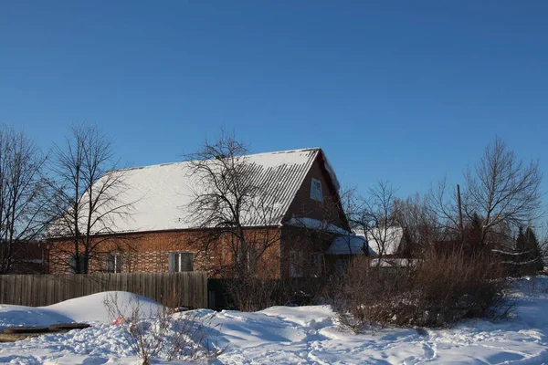 Brick House Fence Siberian Village Winter — Stockfoto