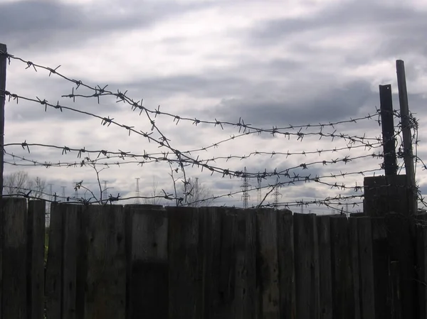 Деревянный Забор Колючей Проволокой Запретная Территория Тюрьмы — стоковое фото