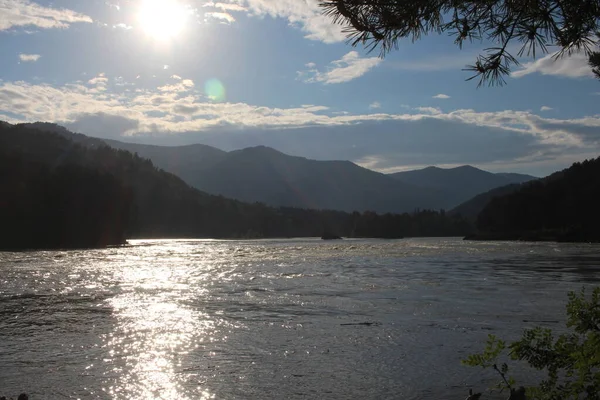 Mountains Sunset Altai Travelers River Tourism Siberia —  Fotos de Stock