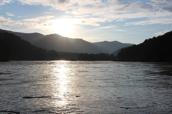 Mountains Sunset Altai Travelers River Tourism Siberia —  Fotos de Stock