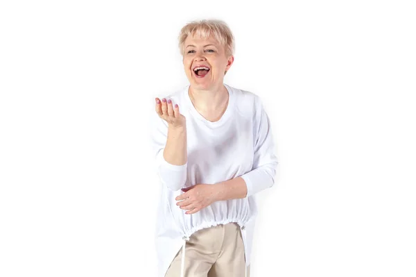 Ritratto Una Bella Donna Anziana Isolata Sfondo Bianco Senior Femmina — Foto Stock