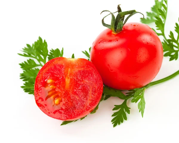 Juicy organic Cherry tomatoes with green leaf isolated over whit — Stock Photo, Image