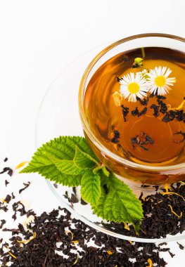 Cam fincan çay papatya çiçek ve nane yaprağı, beyaz backg