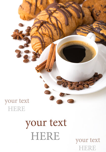 Breakfast with coffee, cookies and croissants on table