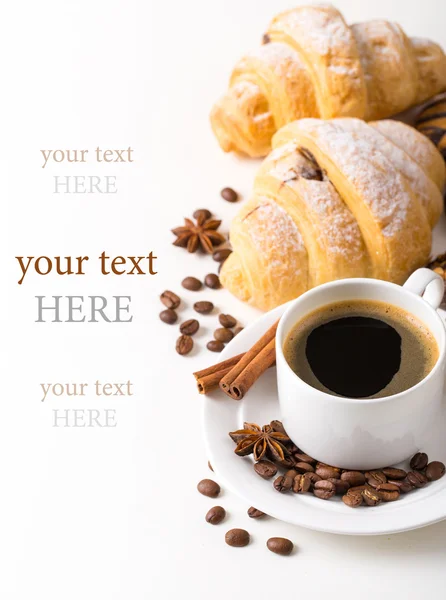 Breakfast with coffee and croissants on table — Stock Photo, Image