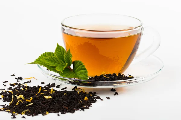 Чашка чая с ромашкой и мятным листом, на белом — стоковое фото