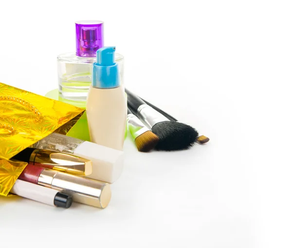 Make up bag with cosmetics and brushes isolated on white — Stock Photo, Image