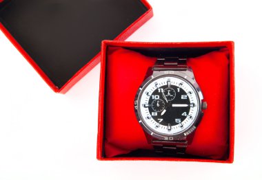 Klasik iş saatler üzerinde beyaz backgrou izole kırmızı bir kutu içinde