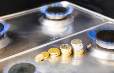 Euro madeni paralarla mavi alevler Doğalgaz yakıcı bir gaz sobası