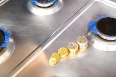 Euro madeni paralarla mavi alevler Doğalgaz yakıcı bir gaz sobası