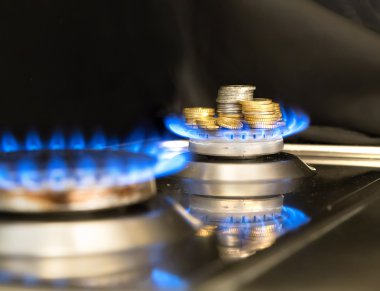 Euro madeni paralarla mavi alevler Doğalgaz yakıcı bir gaz sobası