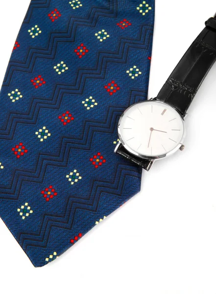 Classic business watches and abstract blue necktie isolated on w — Stock Photo, Image