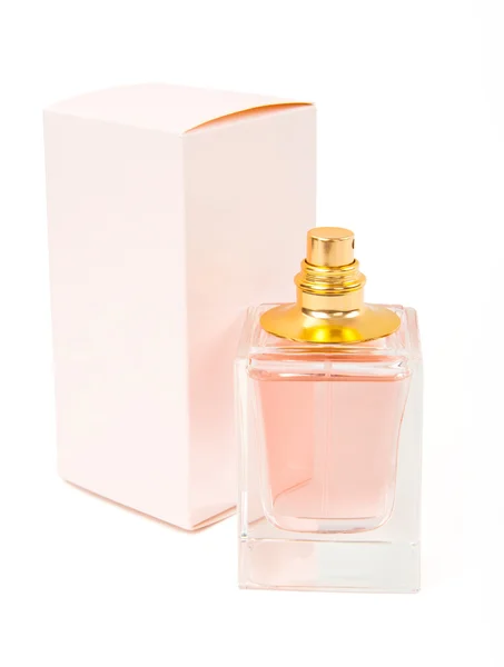 Růžový parfémy láhev a box na bílém pozadí — Stock fotografie