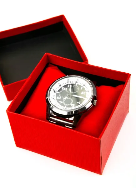 白いれたらに分離された赤いボックスの中で古典的なビジネス時計 — ストック写真