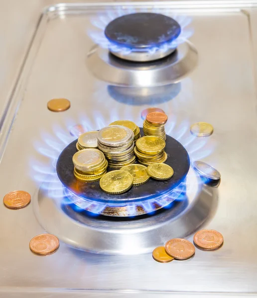 Blue flames of natural gas burning from a gas stove with euro coins — Stock Photo, Image