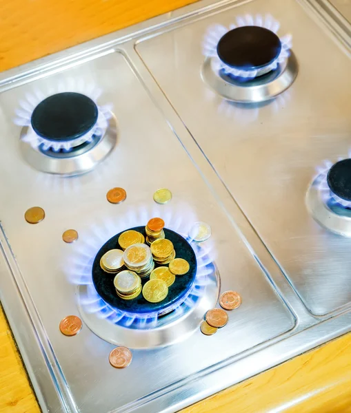 Blue flames of natural gas burning from a gas stove with euro coins — Stock Photo, Image