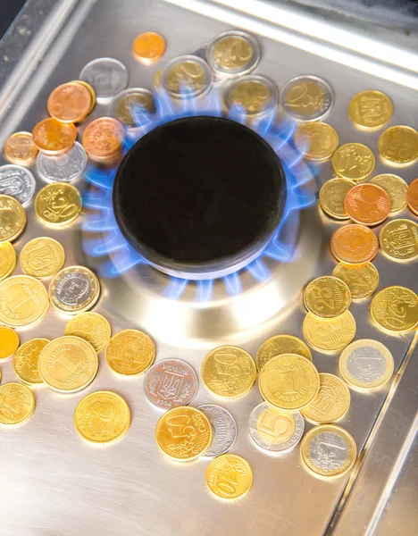 Chamas azuis de gás natural queimando de um fogão a gás com moedas de euro — Fotografia de Stock