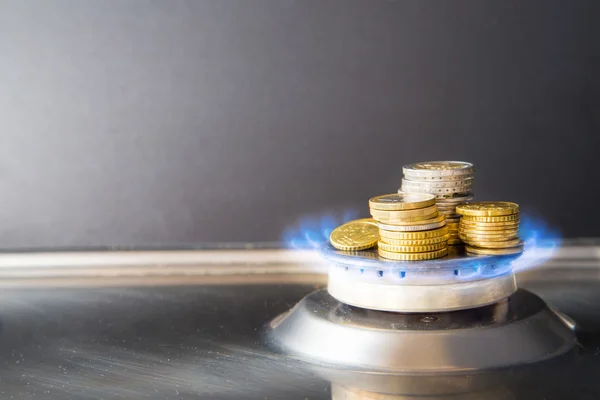 Llamas azules de gas natural quemadas de una estufa de gas con monedas en euros Imagen de stock