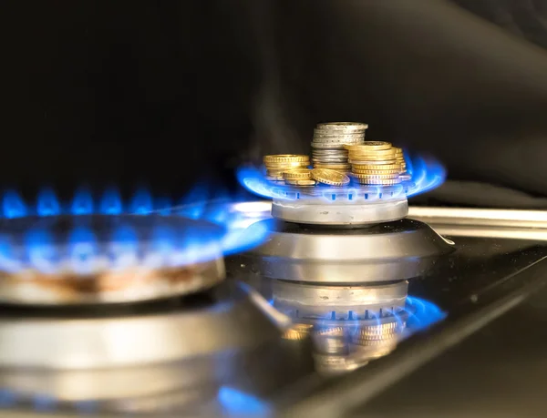 Llamas azules de gas natural quemadas de una estufa de gas con monedas en euros Imagen de stock