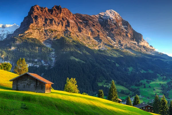 Typické dřevěné alpské chaty, Eiger severní stěnou, Grindelwald, Švýcarsko, Evropa — Stock fotografie