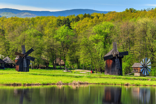 Traditional old windmills, Astra Museum, Sibiu, Transylvania, Romania, Europe
