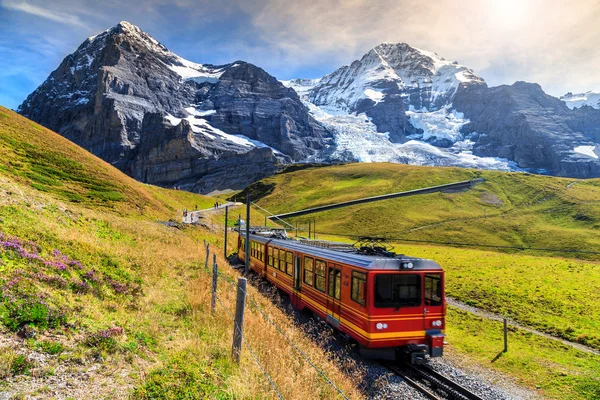 Tren turístico eléctrico y cara norte de Eiger, Bernese Oberland, Suiza —  Fotos de Stock