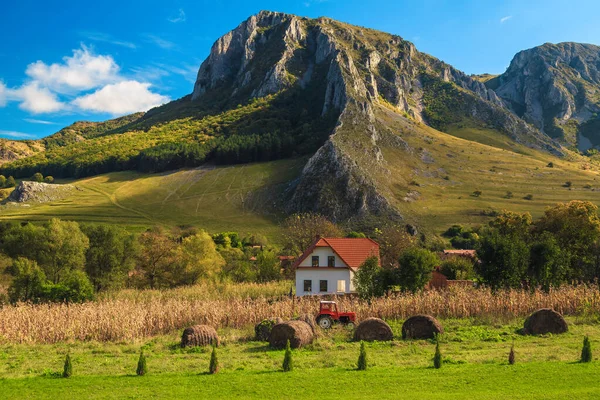 Maravillosa Tierra Agrícola Con Fardos Heno Tractor Viejo Gran Vista — Foto de Stock