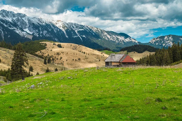 Fantastyczne Alpejskie Wiejskie Miejsce Rozklekotanym Drewnianym Domkiem Śnieżnymi Górami Piatra — Zdjęcie stockowe