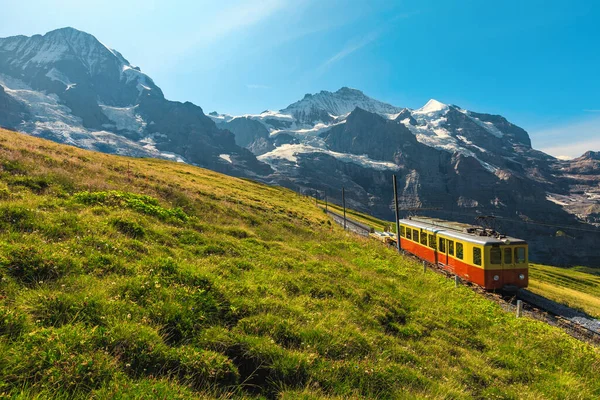 Cogwheel Vasút Retro Elektromos Piros Turistavonattal Havas Jungfrau Hegyek Piros — Stock Fotó