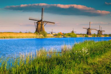 Gün batımında su kanalının kıyısındaki eski ahşap yel değirmenleri Kinderdijk Müzesi, Hollanda, Avrupa