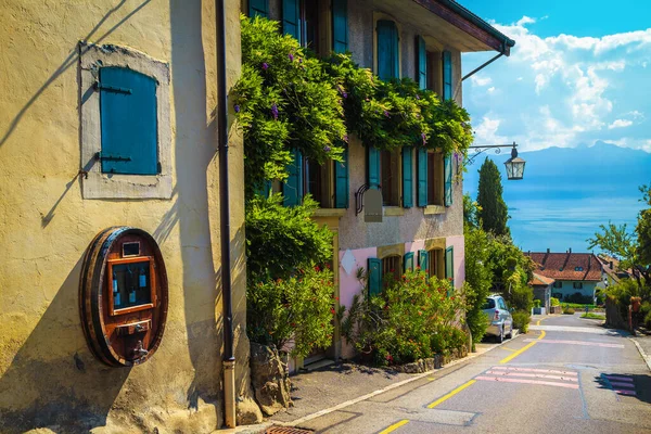 Casa Tradicional Suiza Decorada Con Flores Colores Hermosas Vistas Calle — Foto de Stock