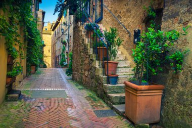 Toskana sokak manzaralı bir resim. Şirin Toskana taş evleri ve çiçekli girişleri olan asfalt dar sokaklar, Pienza, Toskana, İtalya, Avrupa