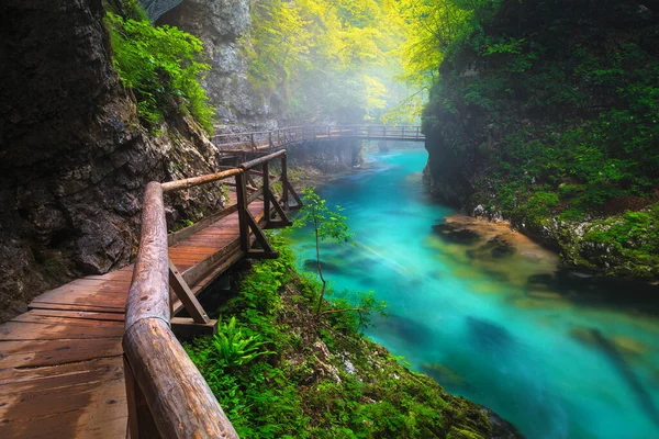 Famous Foggy Vintgar Gorge Wooden Footbridge Radova River Summer Rain — Stock Photo, Image